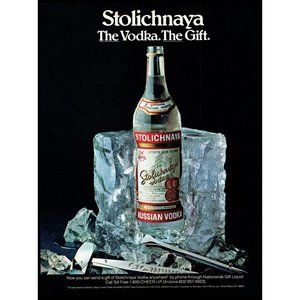 1984 Stolichnaya Vodka Vintage Print Ad Bottle Frozen in Ice Block Bar Wall Art